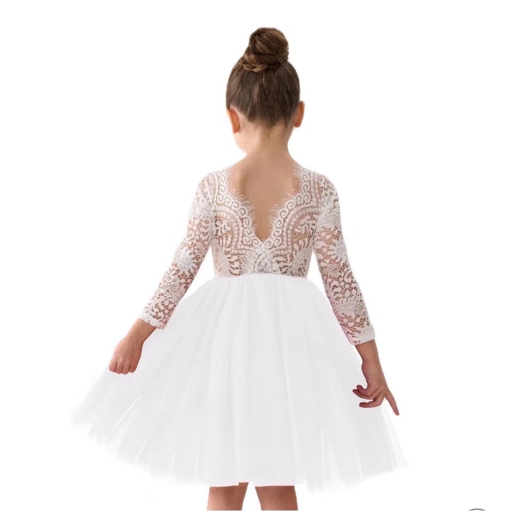 2Bunnies Girls' Peony Lace Sleeve Knee Flower Girl Dress White 4T NWT